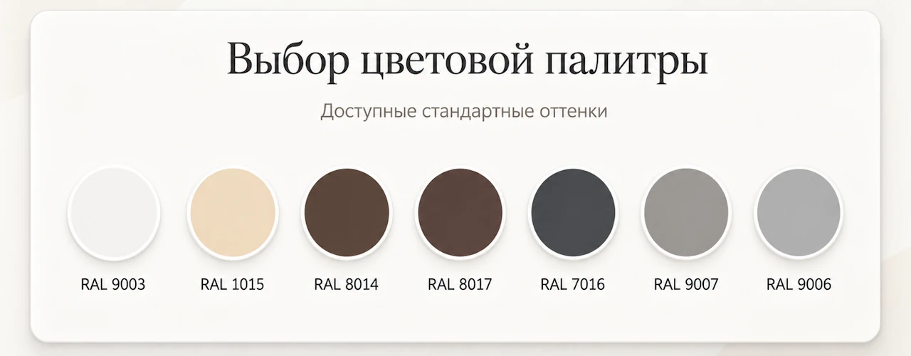 Стандартные оттенки для рафштор: RAL 9003, RAL 1015, RAL 8014, RAL 8017, RAL 7016, RAL 9007 и RAL 9006
